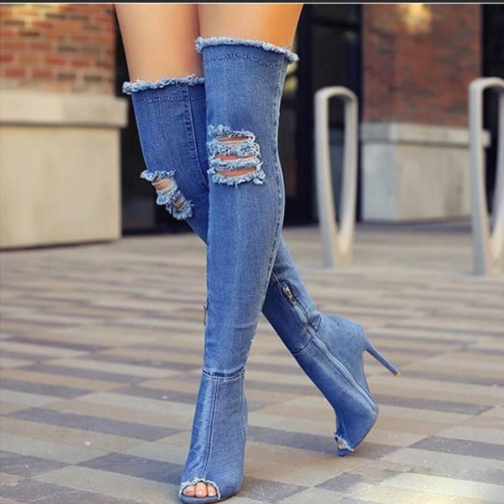 Open Toe Denim High Heel Jeans Boots